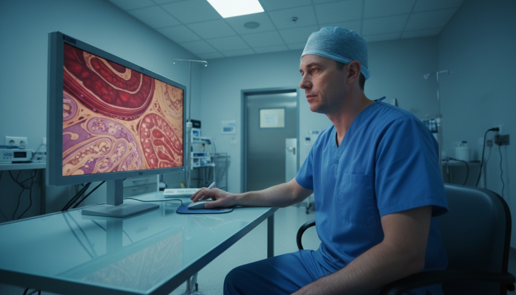 colorectal-cancer-screening Gastroenterologist reviewing colonoscopy images on monitor in clinical suite
