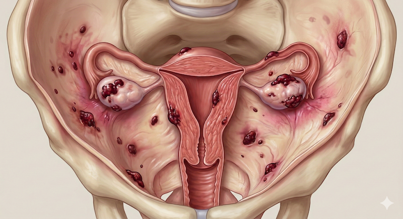 Medical illustration showing endometriotic tissue cells and inflammatory markers throughout the body